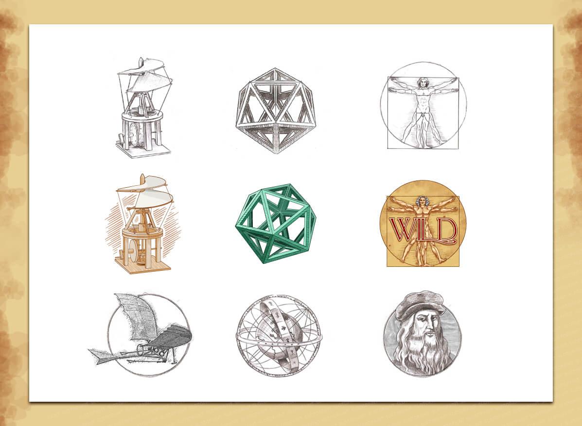 Background image and symbols of the slot machine "The Da Vinci Device" Symbols of the game slot "The Da Vinci Device"