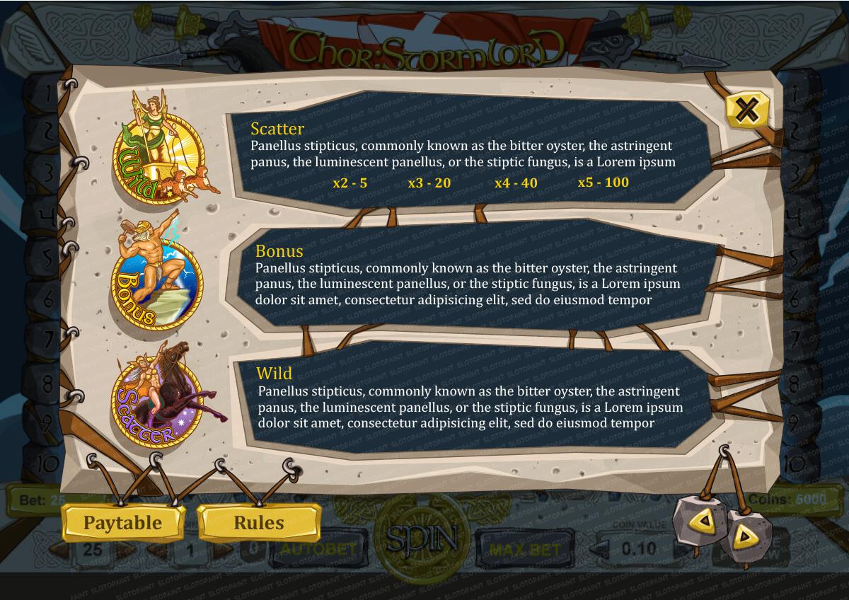 The rules of the game and the paytables for the slot "Thor: Stormlord"