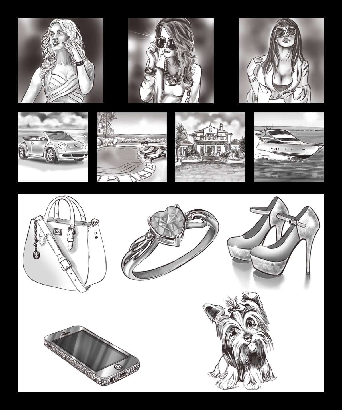 Sketches of gaming symbols for the slot machine "Beauties & Romance"