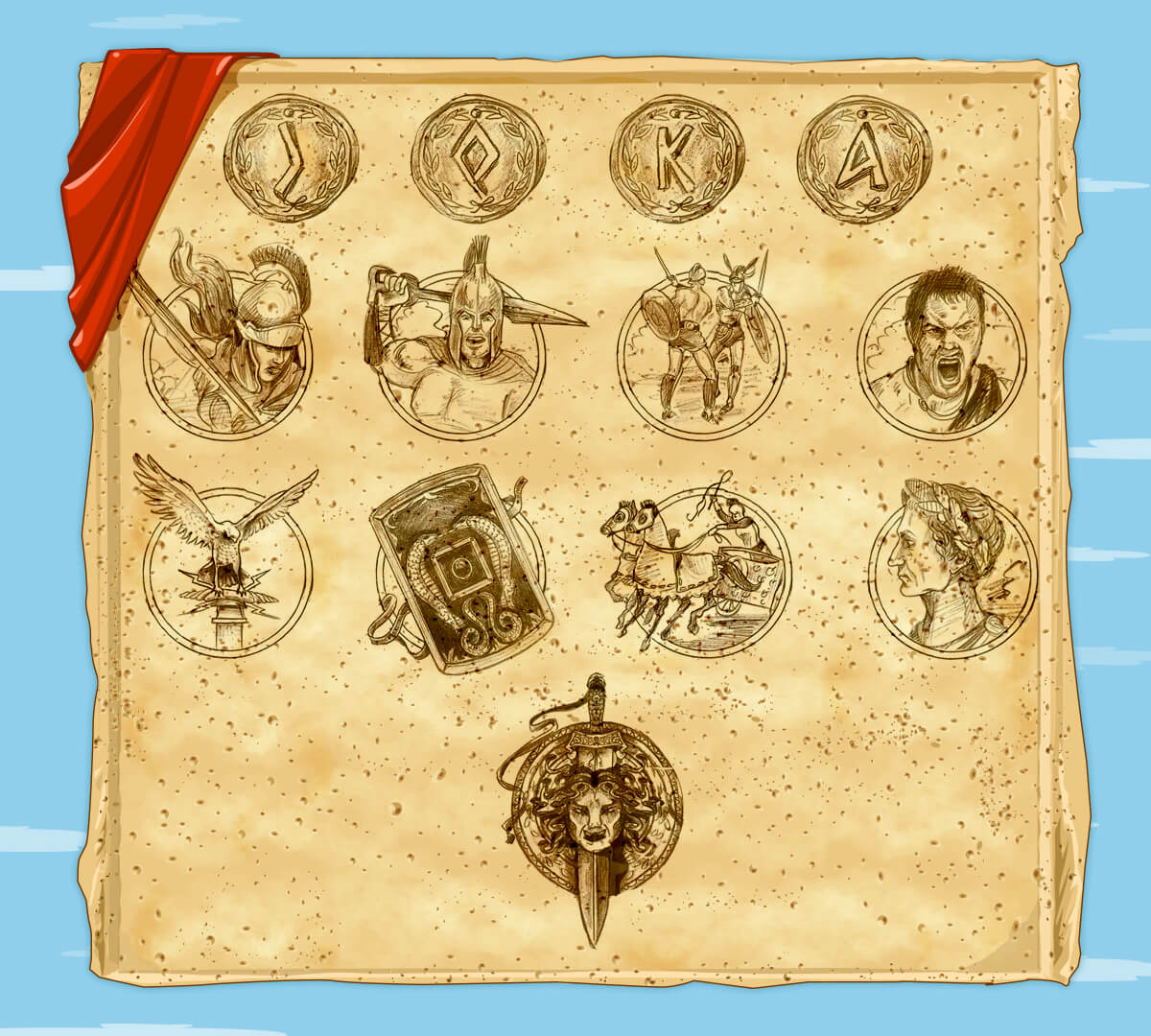 Development of preliminary sketches of gaming symbols for the slot machine "Gladiator of Rome"