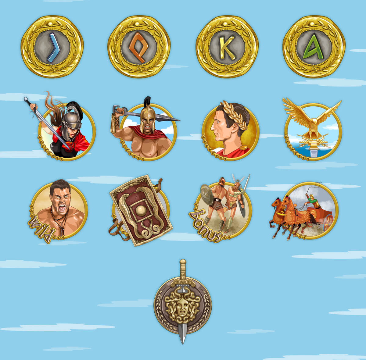 Graphic design of game symbols for the slot machine "Gladiator of Rome"