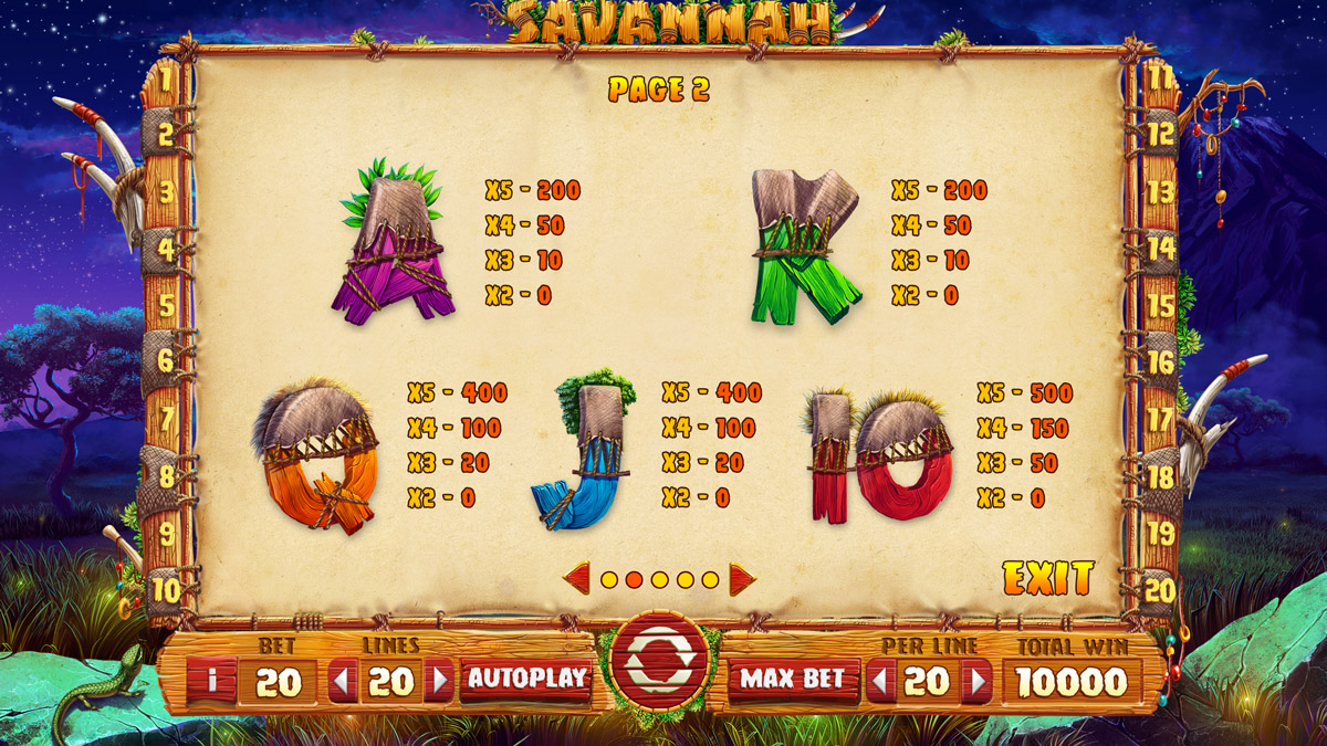 Savannah paytable