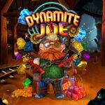Promotional image of Dynamite Joe slot game, featuring the main character, a jovial miner, surrounded by animated gems, gold, and dynamite in a detailed mine setting. The title 'Dynamite Joe' glows above.
