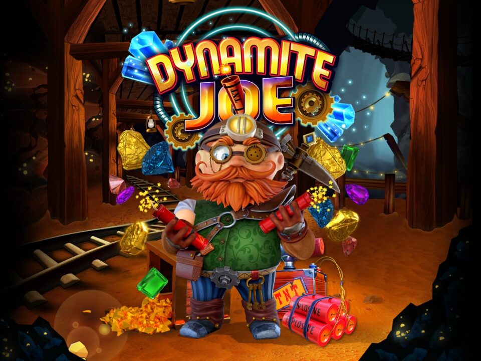 Promotional image of Dynamite Joe slot game, featuring the main character, a jovial miner, surrounded by animated gems, gold, and dynamite in a detailed mine setting. The title 'Dynamite Joe' glows above.